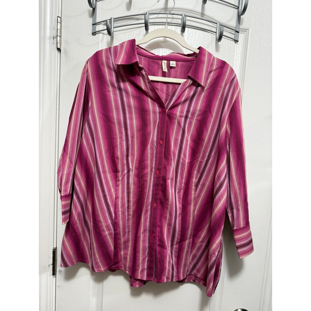 NWT St‎ Johns Bay Woman 2X Striped Button Down Shirt Pink Purple Stretch Plus SZ